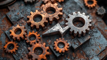Fototapete - rust programming language concept featuring interlocking steel gears and an upward trending performance arrow symbolizing efficiency and growth.stock image