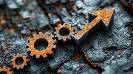 Fototapete - rust programming language concept featuring interlocking steel gears and an upward trending performance arrow symbolizing efficiency and growth