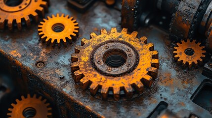 Fototapete - rust programming language concept with moody rusty orange steel gears and byte code overlay symbolizing the robust and efficient nature of rust for system level programming.stock image