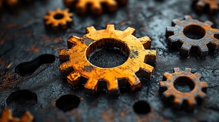 Fototapete - rust programming language concept with rusty gears emerging from the dark symbolizing robust and efficient system programming