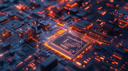 Poster - Glowing Circuit Board With Orange Lines