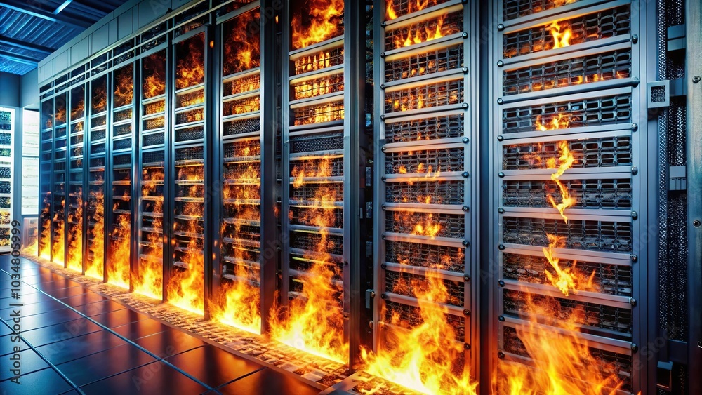 Server Rack Fire Aerial view of server rack on fire from high demand Stock Illustration ...