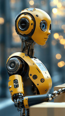 Poster - A robot with yellow and black body and blue eyes stands in front of a box. The robot is wearing headphones and has a robotic voice. The scene is set in a futuristic environment with bright lights