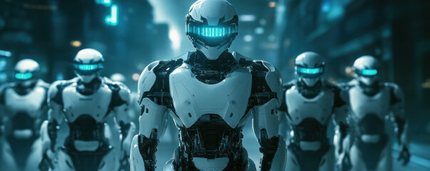 Poster - A group of robots are standing in a line, with their heads turned to the right. The robots are all white and have blue lights on their heads. The scene is set in a city