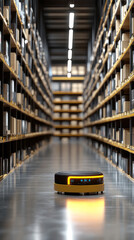 Poster - A robot is in a very long aisle of books. The robot is yellow and black
