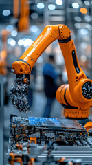 Poster - A robot is working on a computer chip. The robot is orange and has a long arm. There are several people in the background, some of them are standing close to the robot. The scene is industrial