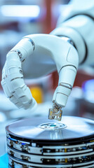 Poster - A robot is touching a CD. The robot is white and has a hand. The CD is on top of a stack of CDs