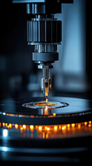 Poster - A close up of a machine with a yellow light on it. The machine is a laser cutter and the yellow light is the laser