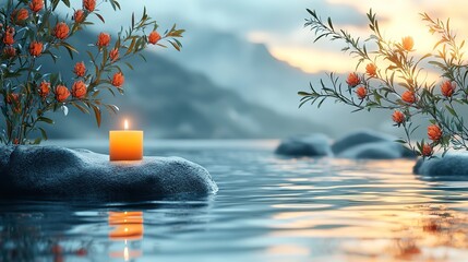 Poster - serene guided meditation scene featuring stylizedof candle and plant elements symbolizing tranquility and mindfulness