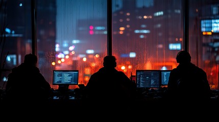 Fototapete - shadowy silhouettes of cybercriminals at work representing hackers and troll farms with dark ominous