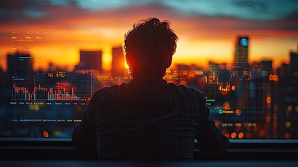 Poster - silhouette of person analyzing stock market dat on screen with sunset in the background.illustration
