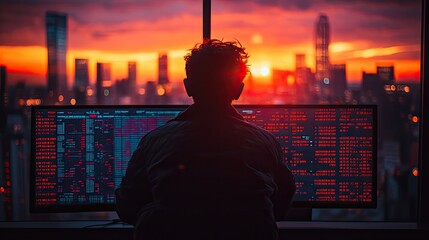 Poster - silhouette of person analyzing stock market dat on screen with sunset in the background.image