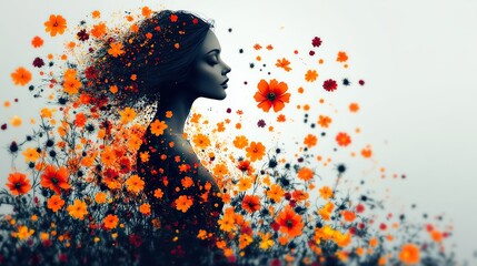 Poster - silhouette with colorful flowers in thought bubble symbolizing personal growth and creative thoughts abstract vibrant illustration