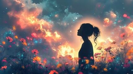 Poster - silhouette with colorful flowers in thought bubble symbolizing personal growth and creative thoughts abstract vibrant illustration.image
