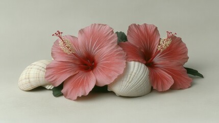 Poster - Tropical Christmas Seashells and Red Hibiscus Flowers Octagon Shape Minimalism High-Resolution Studio Lighting