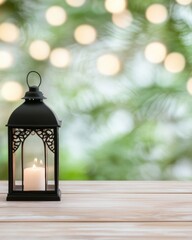Poster - Elegant Lantern with Candle on Wooden Table, Festive Bokeh Background