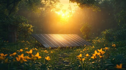 Poster - solar panels in lush greenery with earth in the background symbolize clean energy and environmental sustainability.image