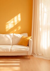 Poster - Sunny Cozy Living Room with White Sofa and Yellow Pillow