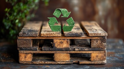 Poster - stack of wooden planks or pallets each prominently featuring green recycle symbol indicating an eco friendly approach to materials.stock image