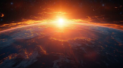 Poster - stunning view of earth from space during sunset or sunrise showcasing the planets curvature and vibrant atmospheric colors.image