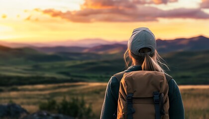 A woman with a backpack enjoying a scenic sunset view over rolling hills.