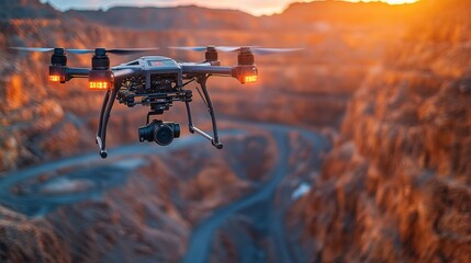 Poster - A drone hovers in the air, capturing breathtaking views of a canyon bathed in golden sunset light, with a winding road snaking through the rugged terrain.