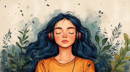 Poster - stylizedof woman with earphones immersed in guided meditation surrounded by plant elements symbolizing peace and mindfulness.image