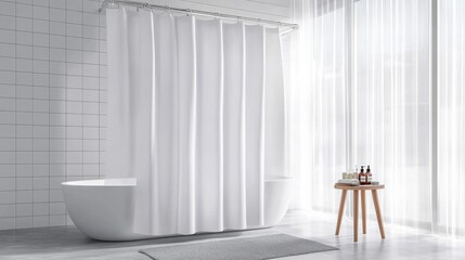 Modern bathroom white shower curtain hanging metal rod Mockup