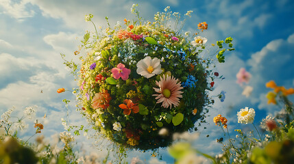 a globe made of plants and flowers representing eco-friendliness – the style hyper-realistic photogr