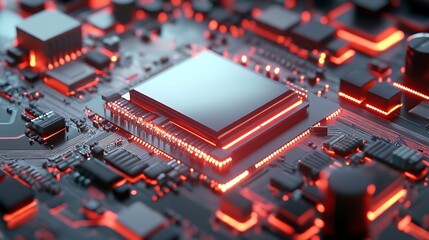 Poster - Close-Up of a Red-Lit Computer Chip on a Motherboard