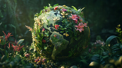 A globe made of plants and flowers representing eco-friendliness – the style hyper-realistic photograph 