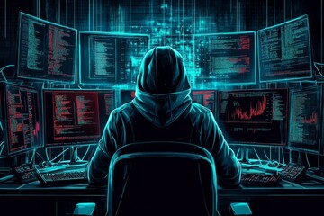 Person wearing hoodie sitting front multiple computer monitors cyber criminal hacking system