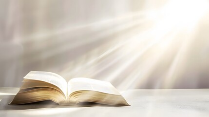 Wall Mural - A book is open on the table, with a white, blurred background and soft light. The pages of the book show colorful text in a high-definition photography style.