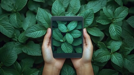 Poster - top view of an electronic reader mockup in the persons hands adorned with green leaves for natural and fresh aesthetic.stock image