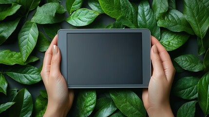 Poster - top view of an electronic reader mockup in the persons hands adorned with green leaves for natural and fresh aesthetic.image