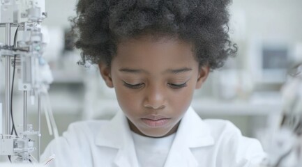 Aufkleber - Young Boy in Lab Coat Building Robot in Bright Robotics Laboratory