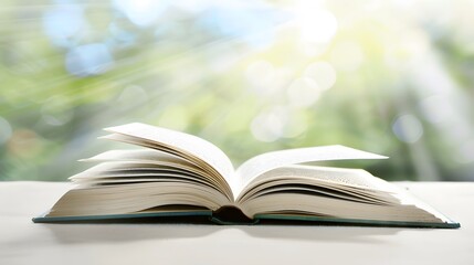 Wall Mural - A book is open on the table, with a white, blurred background and soft light. The pages of the book show colorful text in a high-definition photography style.