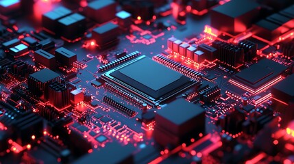 Poster - Close-Up of a Computer Motherboard with Red Glowing Lights