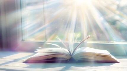 Wall Mural - A book is open on the table, with a white, blurred background and soft light. The pages of the book show colorful text in a high-definition photography style.