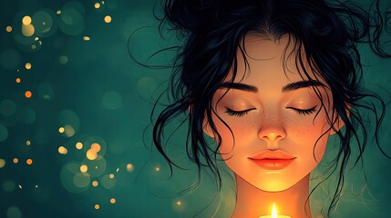 Poster - tranquil guided meditation scene with serene woman eyes closed near softly glowing candle in stylizedperfect for mindfulness and relaxation themes.image