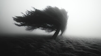 Poster - trees bent by strong wind in foggy field illustrating wind resistance