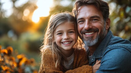 A father and his young daughter smile brightly as they embrace, enjoying a beautiful evening in a lush garden filled with blooming flowers.