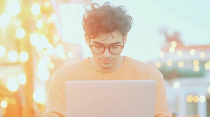 Poster - Young Man Working on Laptop in Outdoor Cafe with Warm Evening Light, Relaxed Mood
