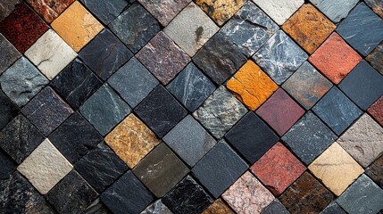 Poster - various stone tiles arranged in geometric pattern showcasing diverse textures and colors symbolizing versatility in stone flooring.illustration