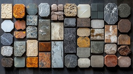 Poster - various stone tiles arranged in geometric pattern showcasing diverse textures and colors symbolizing versatility in stone flooring.image