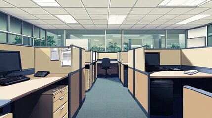 Poster - A Modern Office Interior with Cubicles and Desks