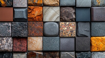 Poster - various stone tiles arranged in geometric pattern showcasing diverse textures and colors symbolizing versatility in stone flooring.stock image