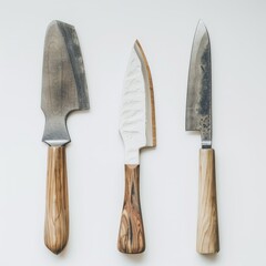 Three Rustic Handmade Knives with Wooden Handles