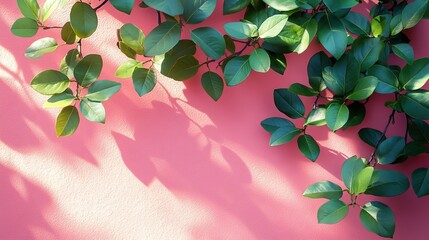 Wall Mural - vibrant green leaf shadows cast on soft pink wall creating serene and aesthetically pleasing backdrop ideal for text overlay and design projects.illustration