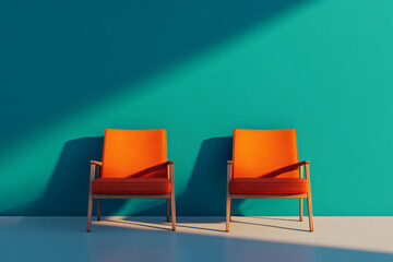 Two orange chairs positioned across from each other against vibrant turquoise wall create striking visual contrast, evoking sense of modern design and comfort